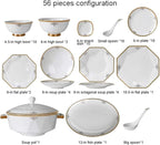 Ceramic Tableware Set with 56 Pieces, Bowl/Soup Pot/Spoon, Bone China Tableware, Octagonal fold Design, Porcelain Combination Set