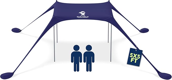 Sun Ninja Beach Tent Sun Shelter UPF50+ - Easy Pop Up Beach Canopy - Outdoor Shade for Camping Trips, Fishing, Backyard Fun Picnics - Sand Shovel, Ground Pegs & Stability Poles