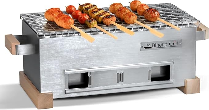 The Bincho Grill 16" Mini Yakitori Grill – Stainless Steel Mini Tabletop Charcoal BBQ with Charcoal Box, Optimized Airflow & Cool-Touch Base - Perfect for Japanese Grilling, Skewers, Meat, Seafood