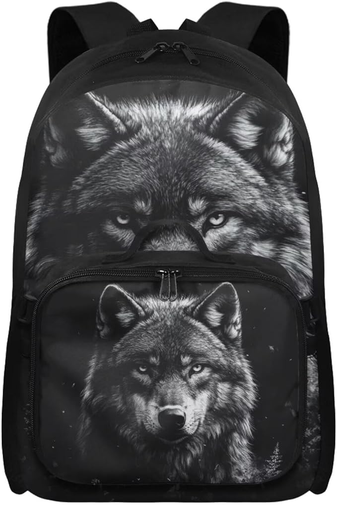 Wolf Backpack for Men Black Bookbag with Lunch Box Lightweight Satchel Bag with Adjustable Shoulder Strap for Men Casual Book Bag for Travel Outdoor