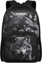 Wolf Backpack for Men Black Bookbag with Lunch Box Lightweight Satchel Bag with Adjustable Shoulder Strap for Men Casual Book Bag for Travel Outdoor