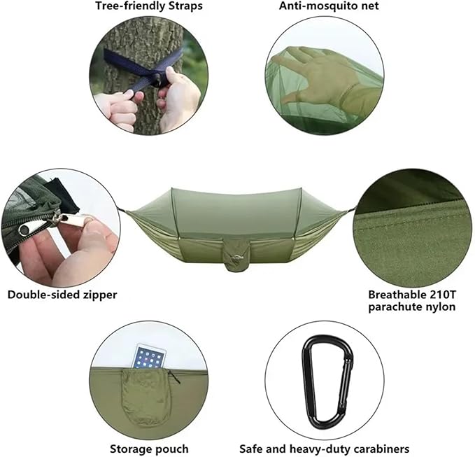 Compatible For Camping Hammock With Mosquito Net Pop-Up Light Portable Outdoor Parachute Hammocks Swing Sleeping Hammock Camping Stuff(Gree-6 rings)