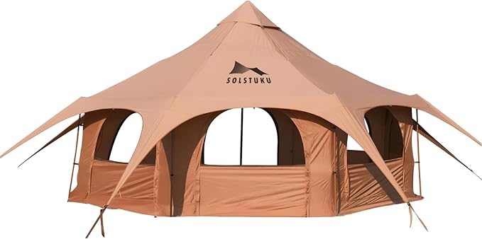 SOLSTUKU 4 Season Canvas Bell Tent, 270 sq ft, 9.8 ft Peak Height, 10 Person, Free Standing, Zipper Closure, Compact Style, Camping & Hiking, Family Camping, Cold-Weather, Outdoor Activities