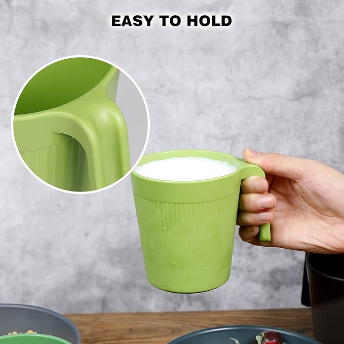 Ribbed Drinking Glasses Coffee Mugs Set of 8, Plastic Coffee Cups 16.9 OZ Unbreakable Tumblers with Handle, Reusable Drinking Cups for Camping/Dorm/RV
