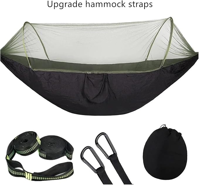 Compatible For Camping Hammock With Mosquito Net Pop-Up Light Portable Outdoor Parachute Hammocks Swing Sleeping Hammock Camping Stuff(Blcak-6 rings)