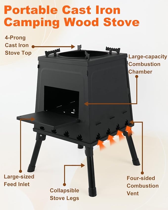 Portable Wood Burning Stove - Lightweight Cast Iron Camp Stove for Backpacking，Portable and Easy-To-Assemble Backpacking Camping Stove Kit (Black, Large)
