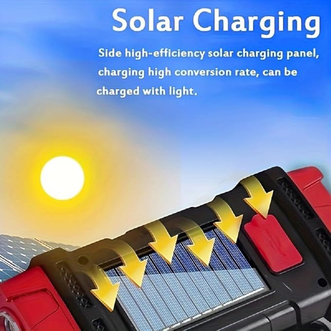 High Lumens Solar Flashlight - LED Work Light with USB-C Rechargeable, Waterproof, Multi-Function Flashlight & Lantern for Camping, Emergencies, and Outdoor(RED)