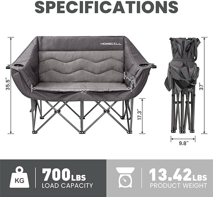 Double Camping Chair for Adults - Heavy Duty Folding Loveseat Support 700 lbs, 2 Person Padded Camping Couch Portable with Cup Holders & Storage Bag for Camping, Lawn, Sports, Grey