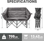 Double Camping Chair for Adults - Heavy Duty Folding Loveseat Support 700 lbs, 2 Person Padded Camping Couch Portable with Cup Holders & Storage Bag for Camping, Lawn, Sports, Grey