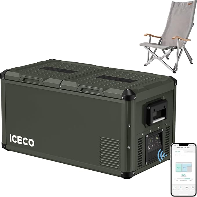 ICECO VL75ProD 75L Dual Zone Refrigerator, Portable Fridge with SECOP Compressor, Multi-directional Lid, 0-50°F, APP Control, Dual USB 12/24VDC&110-240VAC, Car Refrigerator| With Camping Chair-Grey