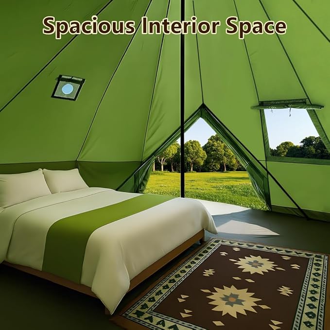 Bell Yurt Tent with Stove Jack, Waterproof Luxury 4 Season Tent 420D Oxford Cloth Green Glamping Tents for Family Outdoor Camping, Hunting, Party, All Year Living