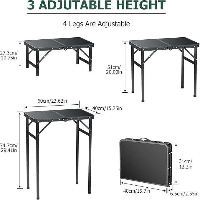 JiGiU Folding Camping Table Portable Pinic Table 3 Level Height Adjustable Aluminum Frame Small Foldable Camp Table Light Weight with Carry Handle for Outdoor Indoor Hiking Camp BBQ Beach