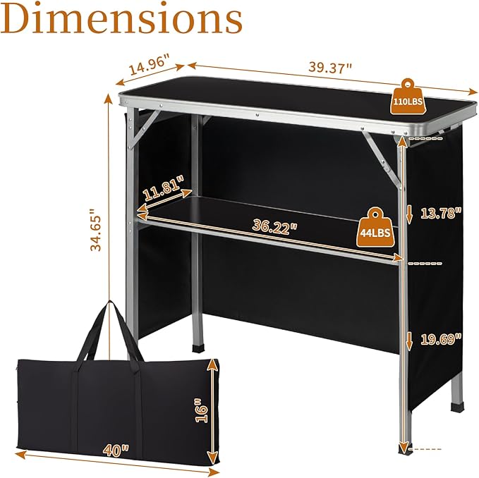 Outdoor Folding Camping Table Portable Bar Tables, Tradeshow Podium Table for Indoor, Outdoor, Party, Picnic, Exhibition, Includes Carrying Case, Storage Shelf and Black Skirt (Black)