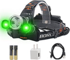 BORUIT RJ-3000 LED Green Headlamp,3 Modes White and Green LED Hunting Headlight,Super Bright USB Rechargeable Tactical Head lamp for Fishing Running Camping Hiking