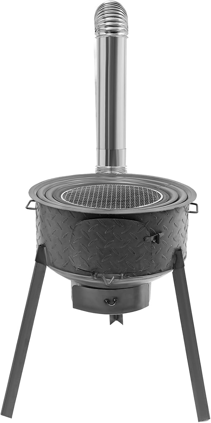 Wood Burning Stove with Grill Rack, Portable Camping Rocket Stove Chimney Charcoal Grill & 3 Wok Rings for Outdoor Backyard Cooking, Picnic and Barbecue (Carbon Black, 18.9 in)