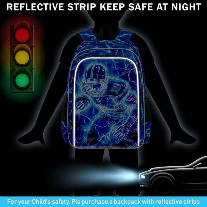17" Football Backpack for Boy, 3Pcs Lightning Bookbag for Elementary Preschool Kindergarten, Kids School Backpacks with Lunch Box (Blue)