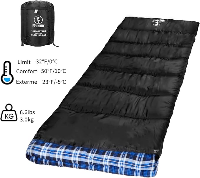 Flannel Sleeping Bag Cold Weather for Adults XL Camping Cotton Sleeping Bag 4 Season Big and Tall, Waterproof with Compression Sack