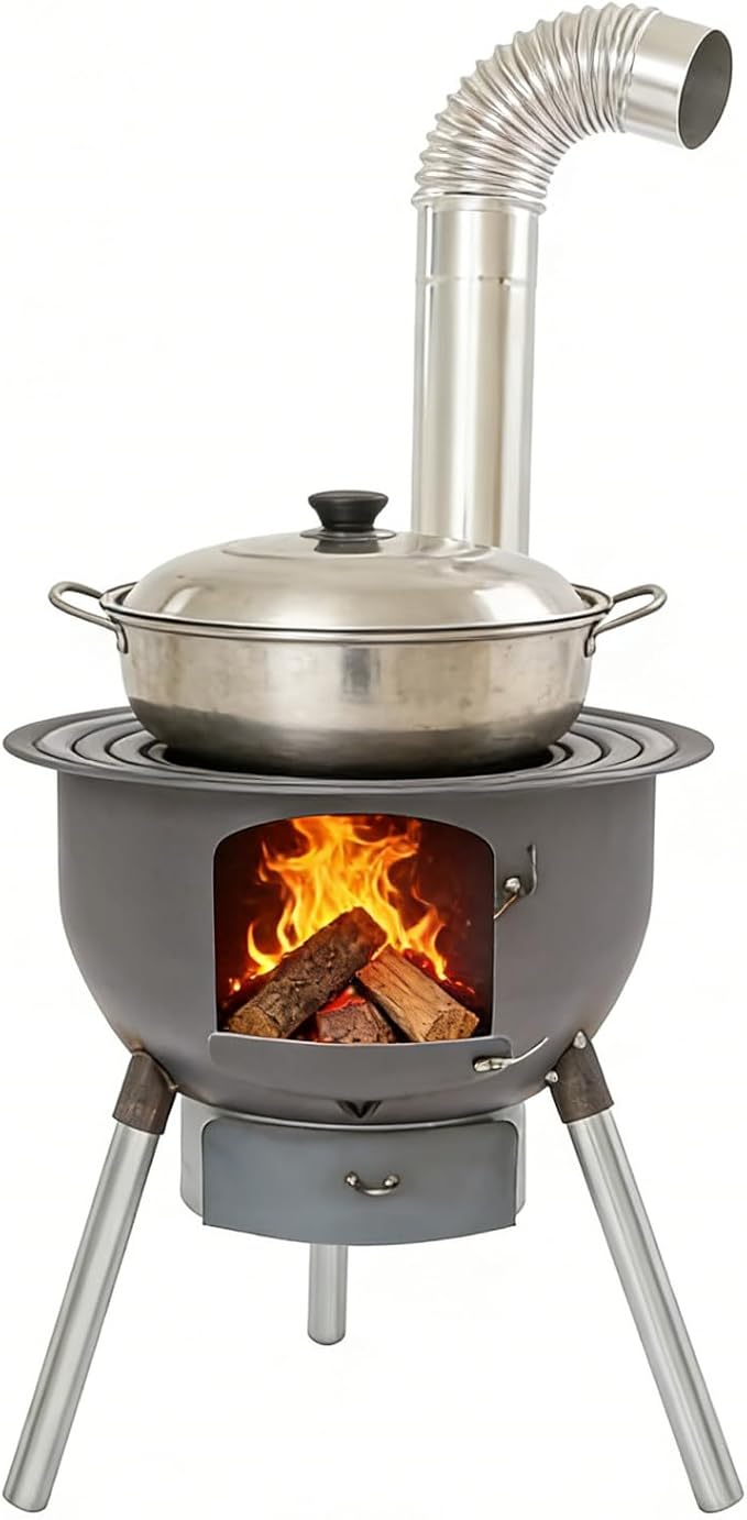 Wood Burning Stove Portable Camping Rocket Stove for Outdoor Cooking Removable Iron Firewood Stove with Grill Rack Charcoal Grill Tent Stoves for Backpacking Hiking (17in-3 Wok Rings-3)