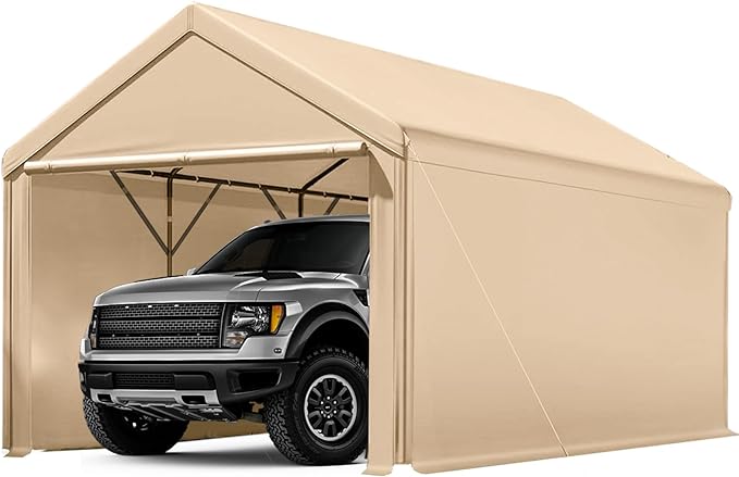 Carport 10x20ft Heavy Duty Canopy,Portable Garage Party Tent,Portable Garage with Removable Sidewalls & Doors All-Season Tarp for Car,Truck,Party Beige
