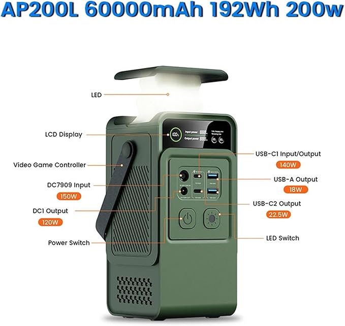 Power Station, AP200L 200W Portable Power Bank 192Wh Solar Generator Camping Station with LED Light,for Outdoor Camping Home