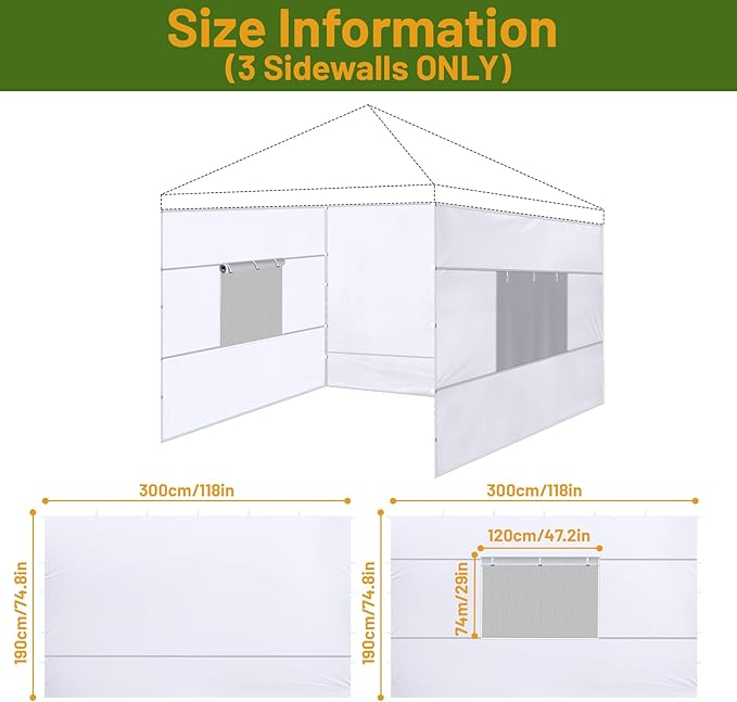 3 Pcs 10x10 Canopy Sidewalls with Roll-up Windows for 10x10 Pop Up Canopy Straight Leg Outdoor Instant Canopy Walls Waterproof & UV Protected for Outdoor Event Tents, 3 Sidewalls Only, White
