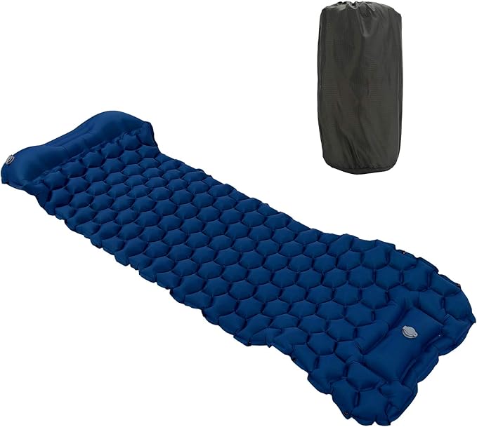 Camping Sleeping Pad Mat Foot Press Inflatable Cushion Mattress, Durably 40D Nylon TPU Laminate, Lightweight 700g, Compact Folding Size for Tent Hiking Travel (Navy Blue)