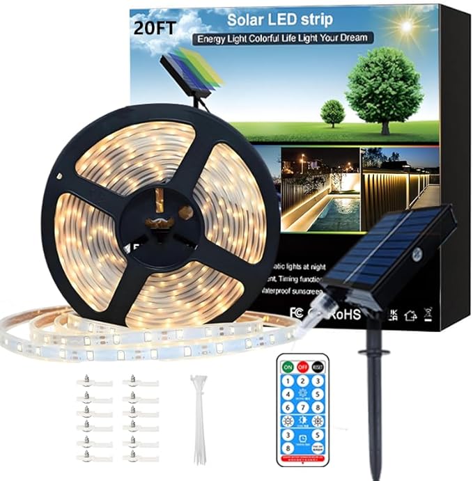 Solar Led Strip Lights Outdoor, 20ft Solar Rope Lights Self-Adhesive Waterproof, 8 Mode with Remote Timer and Auto On/Off, Perfect for Deck, Patio, Poolside, Camping Decor, Warm White