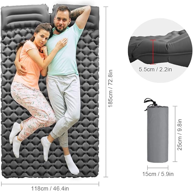 Lixada Inflatable Double Sleeping Pad with Pillow 2 Person Camping Air Mattress for Tent Outdoor Backpacking Traveling Hiking Picnic