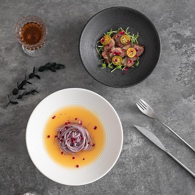 Camping Plates Salad Bowl Fruit Household Ceramic Tableware Light Luxury Large Soup Ramen Decorative Plate(A,Medium)