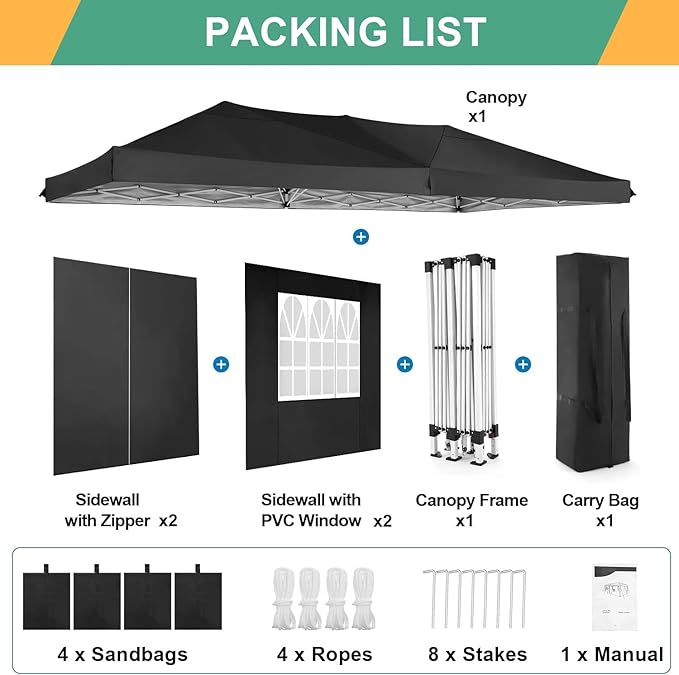 COBIZI 10x20 Pop Up Canopy Tent Commercial Instant Shelter with 6 Sidewalls, Durable Waterproof Portable Gazebo UPF 50+ for Outdoor Party, Wedding, Vendor Events (Black)
