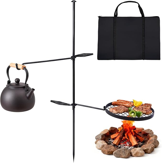 VINGLI Swivel Camping Firepit Grill, Foldable Campfire Steel Grate w/Griddle & Storage Bag, 360° Adjustable, Open Fire Outdoor Cooking Equipment, Parties, Activities, Families Use 30'' x 13'' x 48''