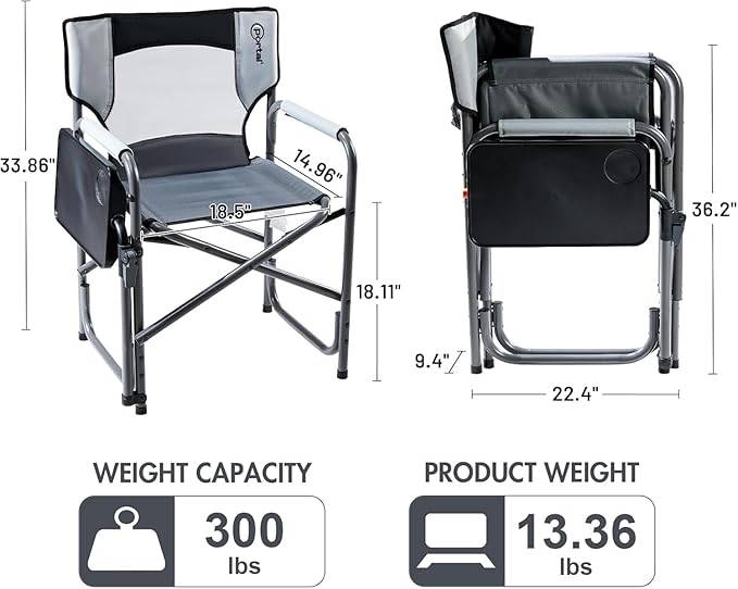 Portal Folding Director Chair with 2-Way Rotating Side Table, Heavy Duty 300 lb Camping Chair with Swivel Tray & Cup Holder, Ergonomic Mesh Back Portable Outdoor Seat for RV, Tailgating & Lawn, Grey