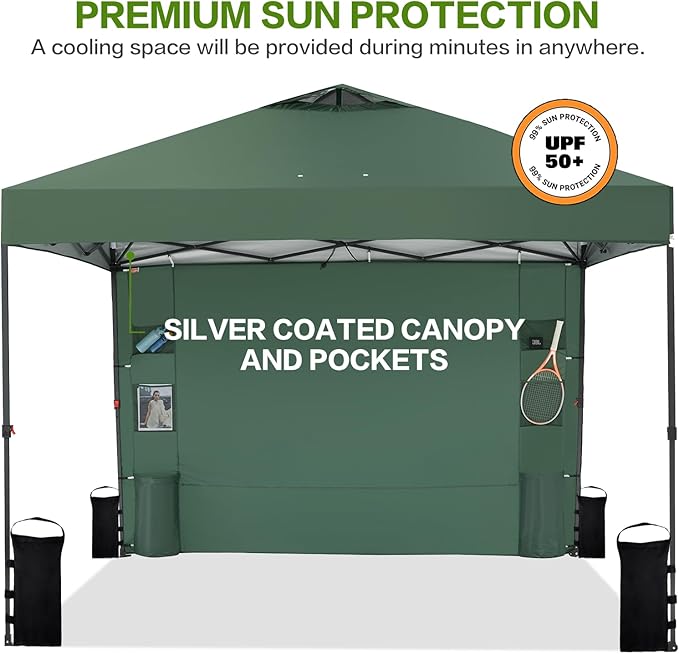 10'x10' Pop Up Canopy Tent with 1 Sidewall and 6 Pockets, One Push Setup, Instant Shade Tent with Vented Roof for Beach Patio Outdoor, Case, 8 Stakes, 4 Ropes, 4 Sandbags (Green, 10x10)