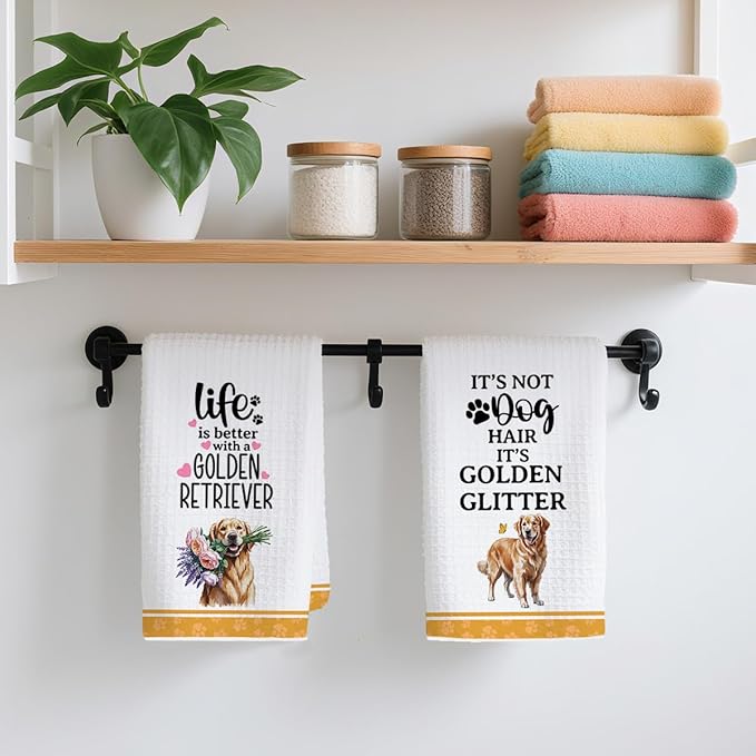 2Pcs Funny Dog Kitchen Towels 24x14 Inch, Cute Golden Retriever Waffle Weave Dish Towels for Kitchen Home, White Absorbent Microfiber Hand Tea Towel, Golden Retriever Gifts for Women Dog Lovers 2