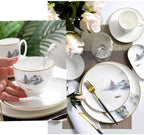 Pottery Tableware,8 Pieces Landscape Painting Porcelain Dinnerware Set Ceramic Plate Combination Sets Dinner Plate Dessert Plate Bowl and Mug