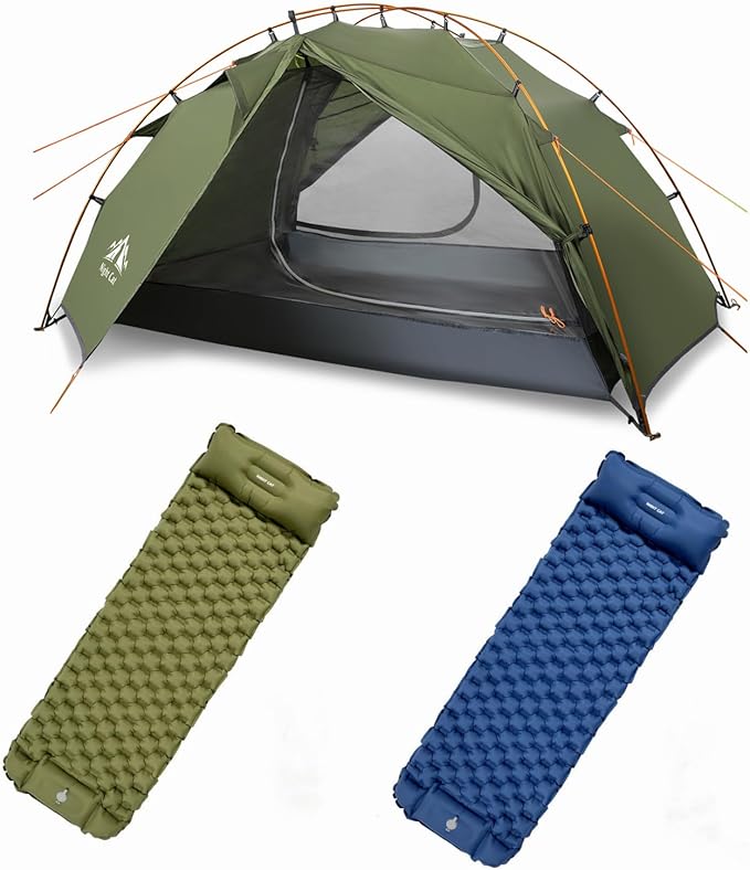 Night Cat Backpacking Tents with 2 Pack Inflatable Sleeping Pad for 2 Persons Outdoors Easy Clip Setup Tent Camping Combo Set