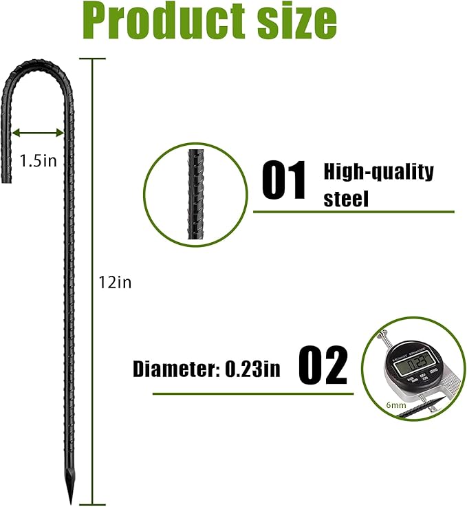 Rebar-Stakes-12Inch,J Hooks Ground Stakes Anchors for Gardening Black Coated Ground Stakes 10pcs Anti-Rust Heavy Duty Dog Fence Fixed Water Pipes Soccer Goals Tent Camping Trampoline