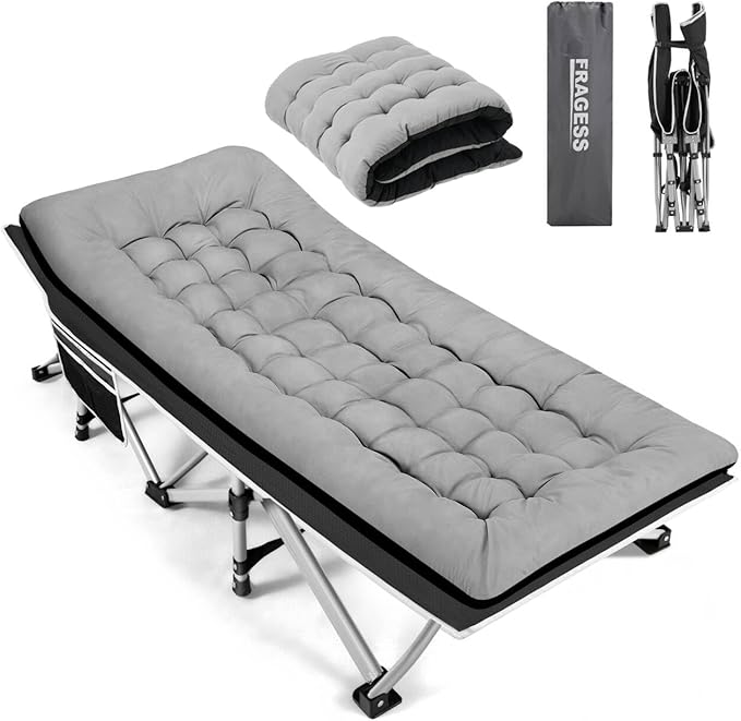 Portable Camping Cot, Sleeping Cots for Adults, 28" Extra Wide Folding Cot Max Load 600LBS with Thick Mattress, Portable Camping Bed for Outdoor Camp/Office, Home Nap (Black+Grey)