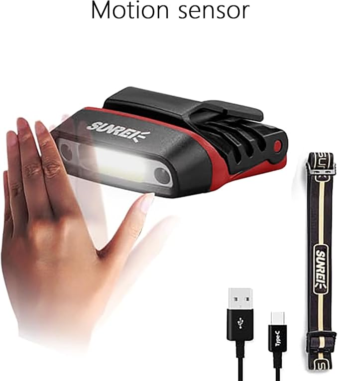 SUNREI Rechargeable Motion Sensor Clip on Hat Light with 150 Lumen & 600 mAh Headlamp, Rotatable Headlamp Flashlight for Fishing Camping Running Hand Work, Include Headband (Red)