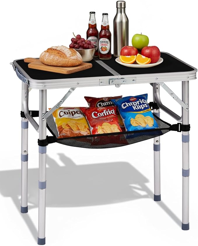 Outvita Folding Table, 2FT Aluminum Camping Table with Storage Adjustable Height Picnic Table Lightweight for Carring Outdoor Party Events Beach
