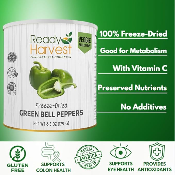 Ready Harvest Freeze Dried Food - Green Bell Pepper | Emergency Pantry Staples | Canned Vegetables | #10 Can | 25-Year Shelf Life | Cans Filled to the Top