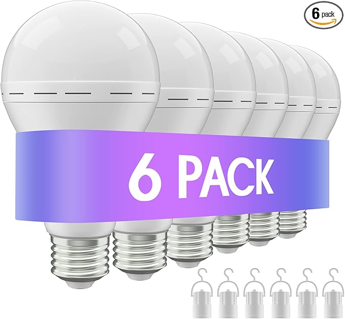 Emergency Rechargeable Led Light Bulb with Hook,Stay Lights Up When Power Failure, 1500mAh 12W 60W Equivalent LED Light Bulbs for Home, Camping, Hiking, 6 Pack