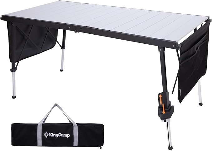 KingCamp Folding Camping Table Foldable, 55.1" x27.6" Aluminum Roll Up Table with Adjustable Height 6-7 Person Camp Tables Outdoor with Carrying Bag for BBQ, Patio, and Picnic Loads 265 Lbs