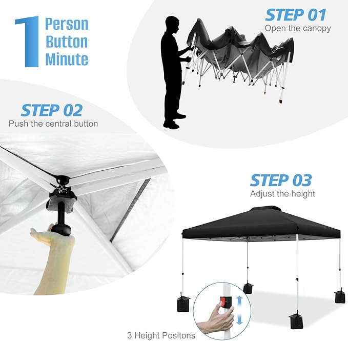 WEIZE Pop up Canopy Tent 10x10ft, 1-Button Push Setup, Instant Portable Shelter, Adjustable Height, Portable Roller Bag, 4 Weight Bags, Guy Ropes & Stakes Included, Black