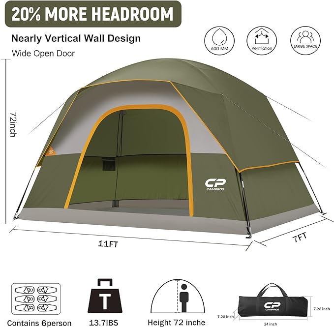 Tents for Camping 6 Person Tent Waterproof Windproof Double Layer Family Camping Tent, Easy Setup Dome Tent with Large Mesh Windows & Wider Door for Outdoor Camping & Hiking