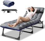 DoCred Folding Lounge Chair with Mattress, 5 Position Adjustable Folding Sleeping Bed Cot Chaise Lounge Chairs Perfect for Sunbathing, Camping, Pool, Beach, Patio