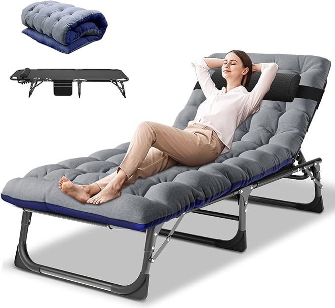 DoCred Folding Lounge Chair with Mattress, 5 Position Adjustable Folding Sleeping Bed Cot Chaise Lounge Chairs Perfect for Sunbathing, Camping, Pool, Beach, Patio