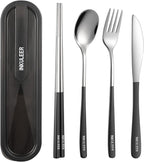 Travel cutlery set, 18/8 stainless steel cutlery, Reusable utensils set with case, Portable Silverware Lunch Box for Camping and Office (Black/knife set)