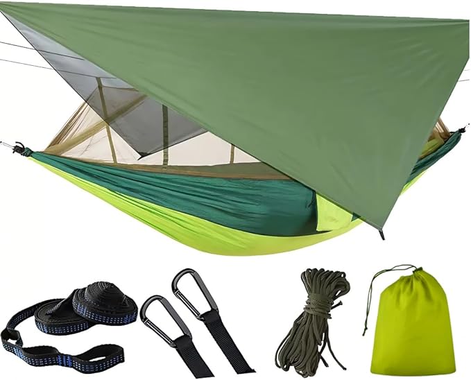 Double Camping Hammock with Mosquito Net and Rain Fly – Lightweight 3-in-1 Tent Setup for Outdoor Hiking, Travel, Patio & Backpacking – Portable Hammock for Adults with Tree Straps & Bug Net