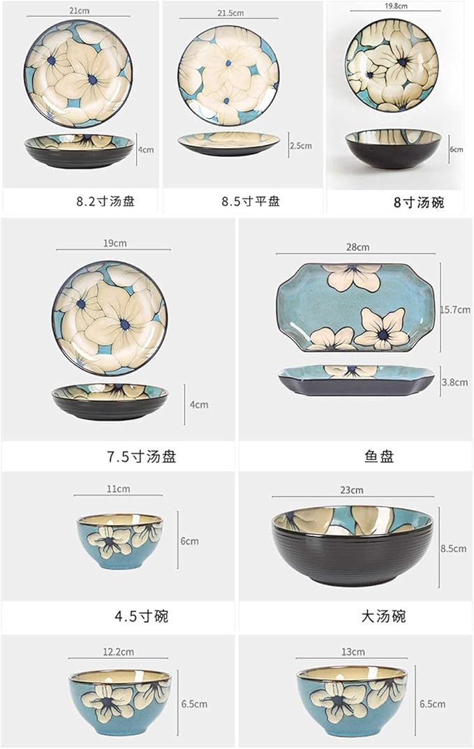 Porcelain Dinnerware SetHand-Painted Dinnerware Set Blue Rice Bowl Soup Bowl Dinner Plate Fish Plate Combination Ceramic Household Service for 2, Tableware Gift